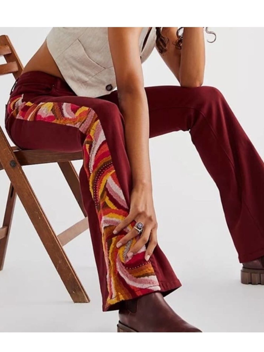 Driftwood Free People Farrah Embroidered Flare Jeans Garnet Women Sz 31 x 34 NWT